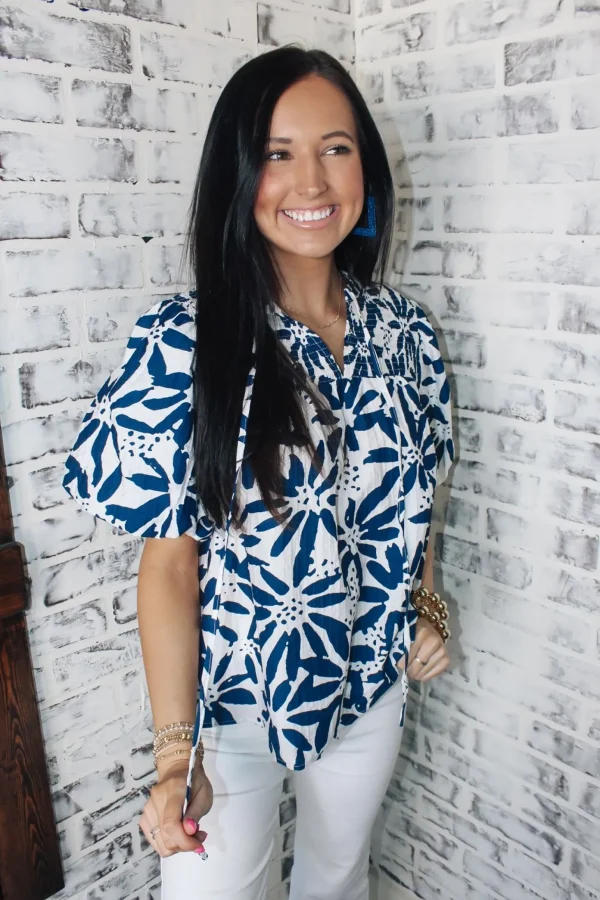 Allie Lynn's Boutique Printed Tops<Navy U0026 White Mix Top