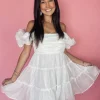 Allie Lynn's Boutique Solid Dresses<Off White Babydoll Shirring Mini Dress