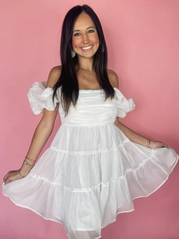 Allie Lynn's Boutique Solid Dresses<Off White Babydoll Shirring Mini Dress