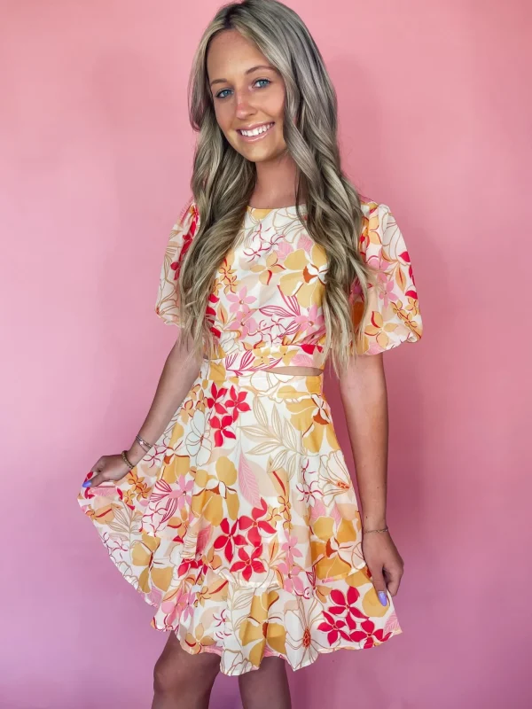 Allie Lynn's Boutique Printed Dresses<Peachy Floral Cut Out Mini Dress