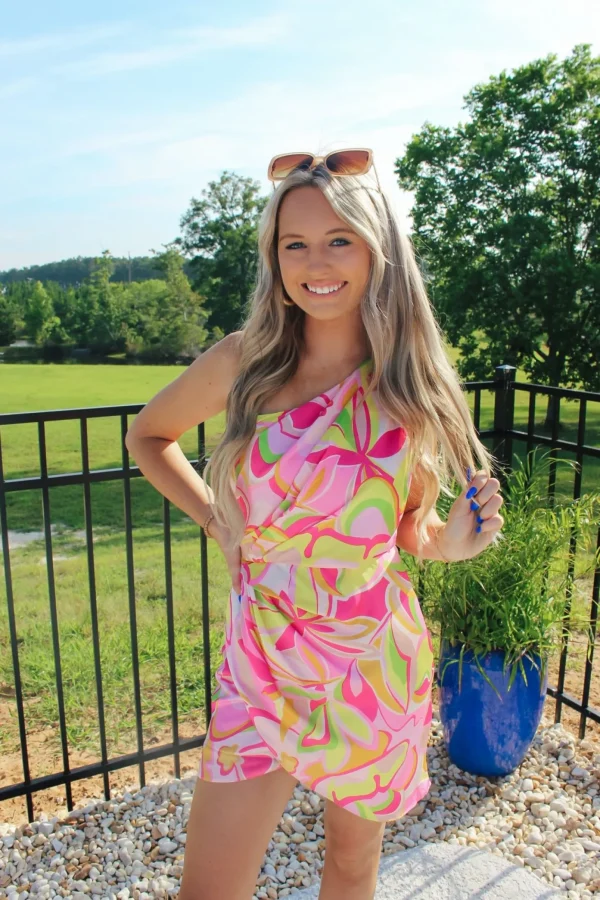 Allie Lynn's Boutique Printed Dresses<Pink Multi One Shoulder Dress