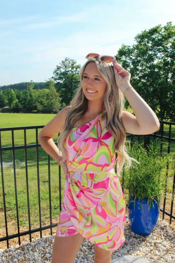 Allie Lynn's Boutique Printed Dresses<Pink Multi One Shoulder Dress