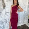 Allie Lynn's Boutique Maxi/Midi Dresses<Red Wine One Shoulder Slit Dress