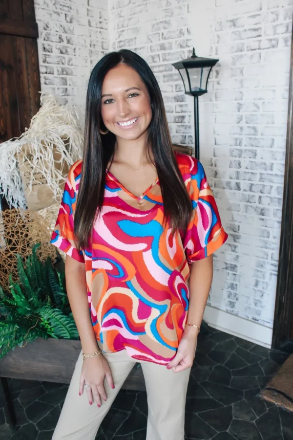 Allie Lynn's Boutique Printed Tops<Retro Swirls Cuff Sleeve Top