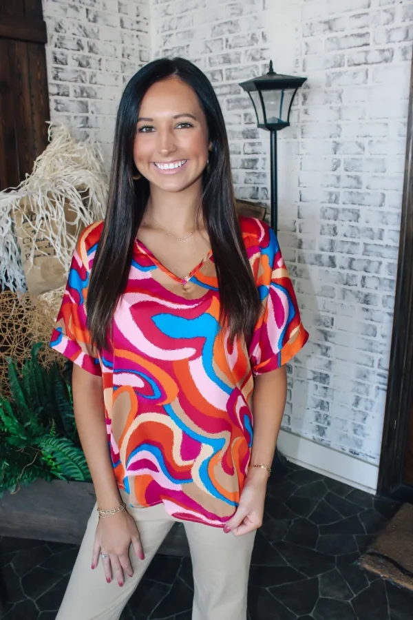 Allie Lynn's Boutique Printed Tops<Retro Swirls Cuff Sleeve Top