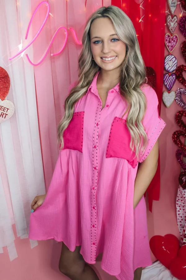 Allie Lynn's Boutique Solid Dresses<Rhinestone Color Block Dress "Pink"