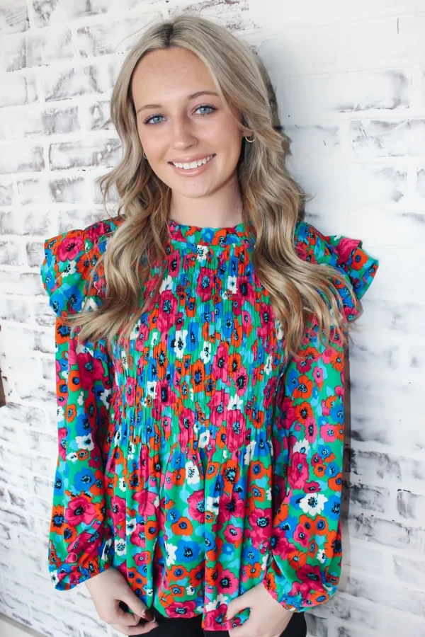 Allie Lynn's Boutique Printed Tops<Smocked Kelly Green Floral Top