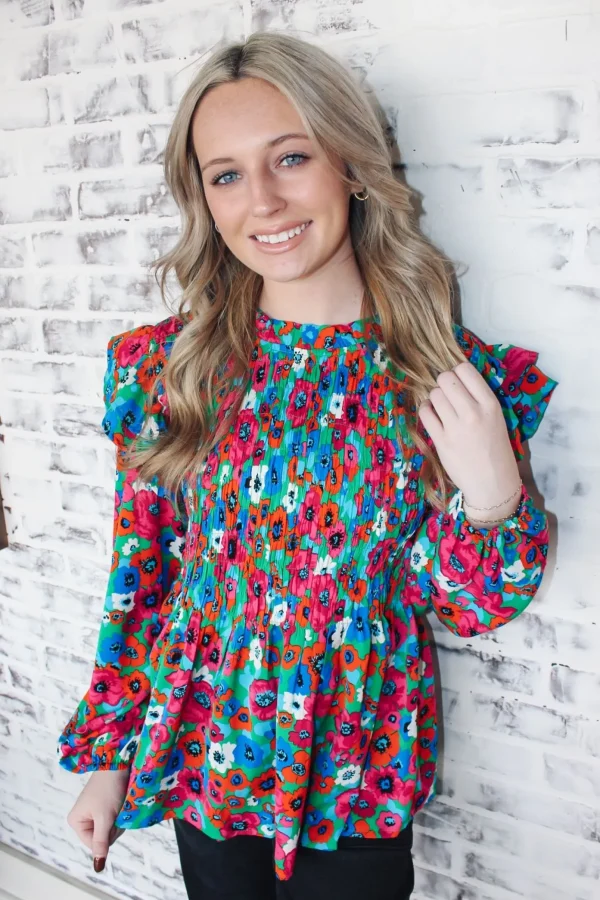 Allie Lynn's Boutique Printed Tops<Smocked Kelly Green Floral Top