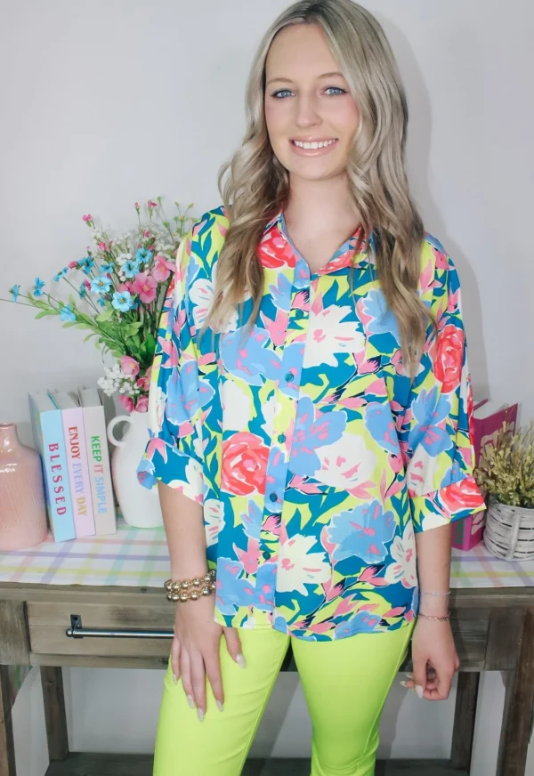 Allie Lynn's Boutique Printed Tops<Teal/Lime Button Top