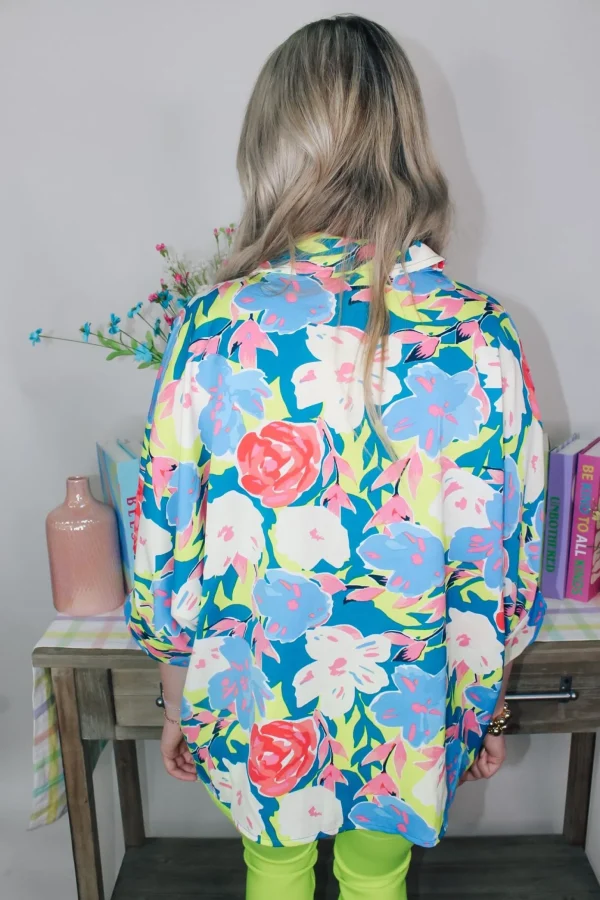 Allie Lynn's Boutique Printed Tops<Teal/Lime Button Top