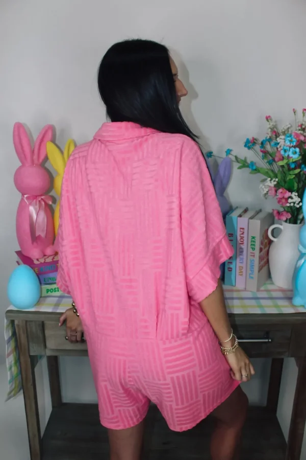 Allie Lynn's Boutique In Full Bloom<Textured Terry Collared Romper "Pink"