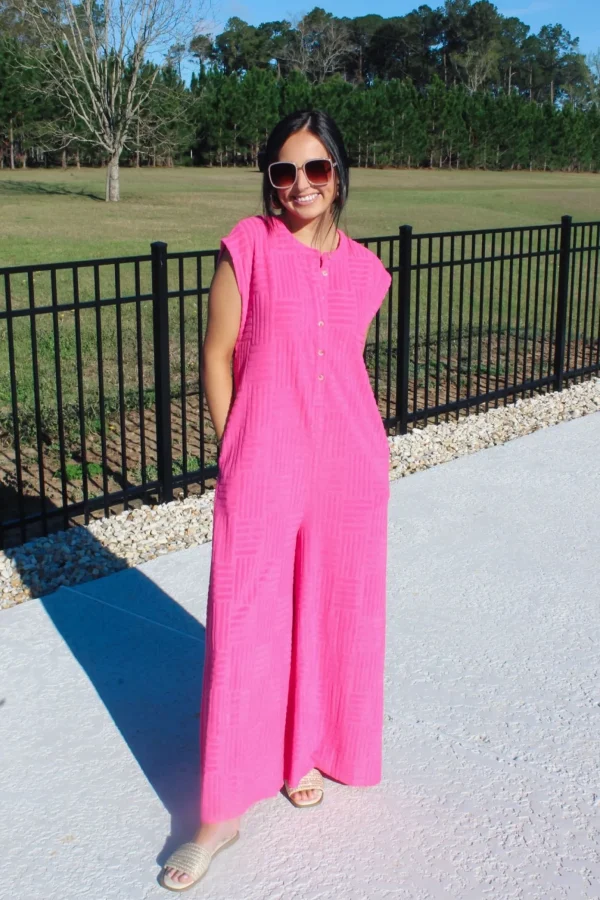 Allie Lynn's Boutique Rompers/Sets<Textured Terry Sleeveless Jumpsuit "Hot Pink"