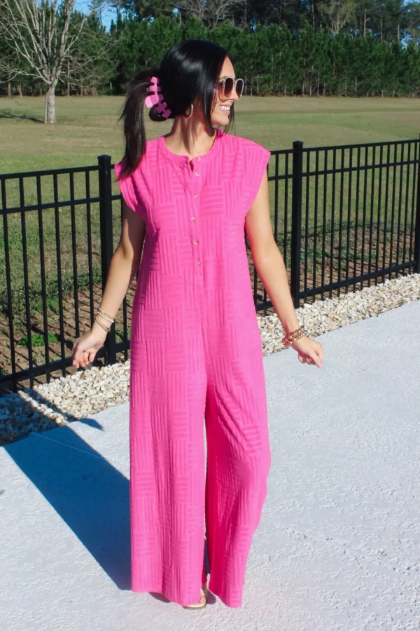 Allie Lynn's Boutique Rompers/Sets<Textured Terry Sleeveless Jumpsuit "Hot Pink"