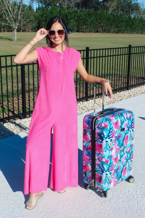 Allie Lynn's Boutique Rompers/Sets<Textured Terry Sleeveless Jumpsuit "Hot Pink"