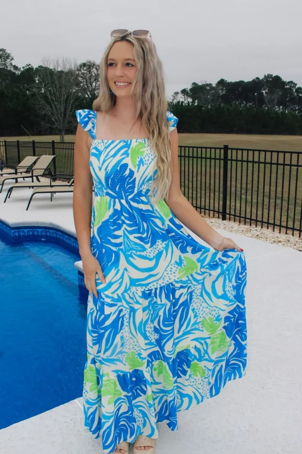 Allie Lynn's Boutique Printed Dresses<Tropical Feels Maxi Dress "Ivory Blue"