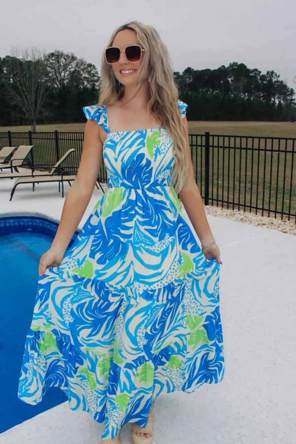 Allie Lynn's Boutique Printed Dresses<Tropical Feels Maxi Dress "Ivory Blue"