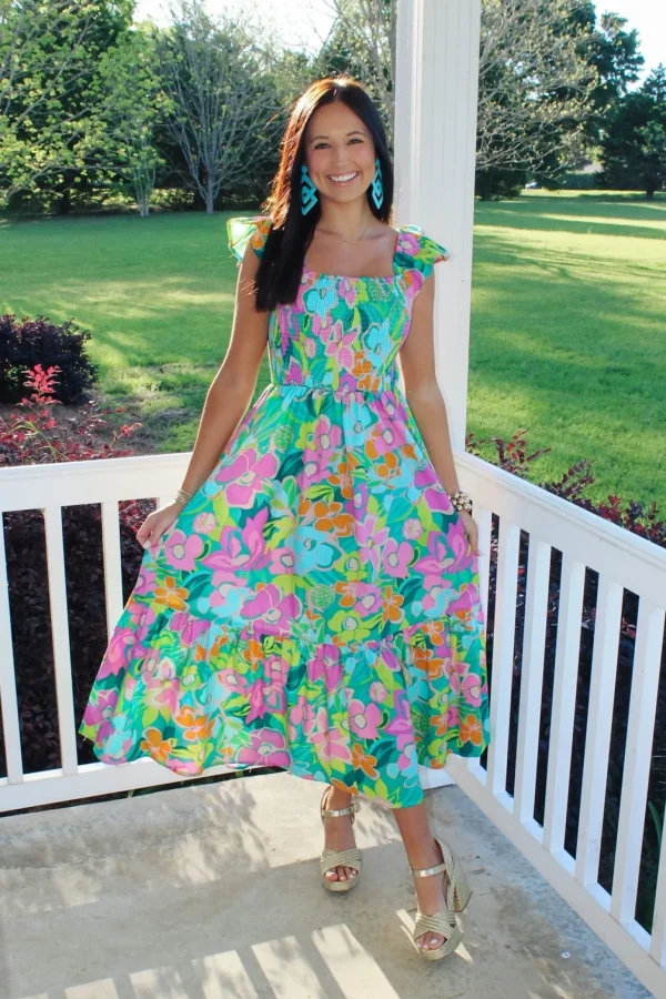 Allie Lynn's Boutique Maxi/Midi Dresses<Turquoise Fun Floral Midi Dress