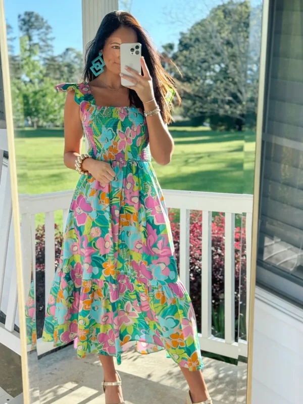 Allie Lynn's Boutique Maxi/Midi Dresses<Turquoise Fun Floral Midi Dress