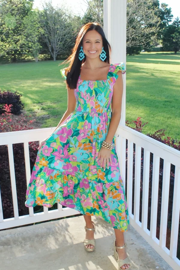 Allie Lynn's Boutique Maxi/Midi Dresses<Turquoise Fun Floral Midi Dress