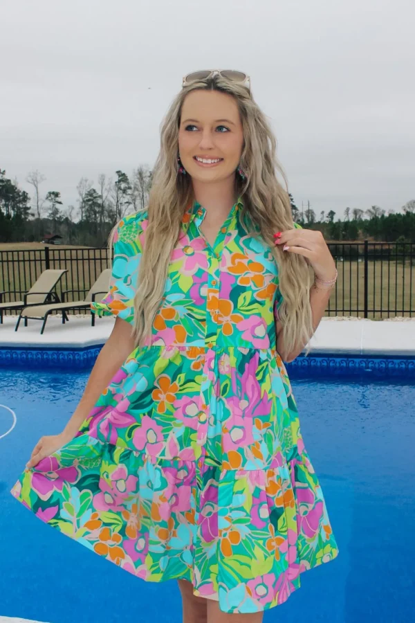 Allie Lynn's Boutique Printed Dresses<Turquoise Poplin Mini Dress