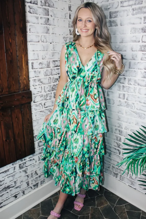 Allie Lynn's Boutique Printed Dresses<Volcano Green Maxi Dress