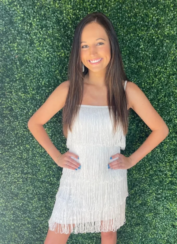 Allie Lynn's Boutique Solid Dresses<White Cami Fringe Flapper Dress