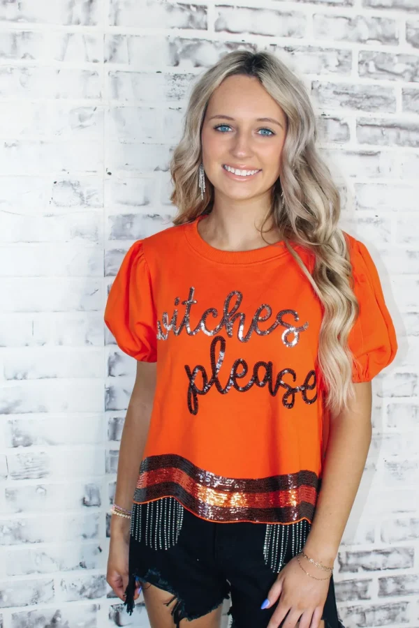 Allie Lynn's Boutique Printed Tops<Witches Please Sequins Top